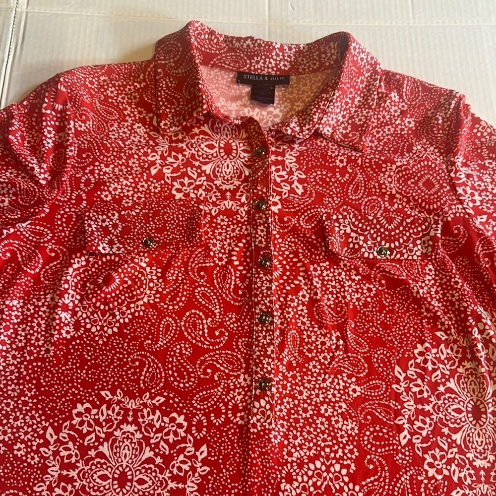 NWT Stella & Julie orange red & white A-Line Mini Dress Polo Collar button down - Picture 4 of 7